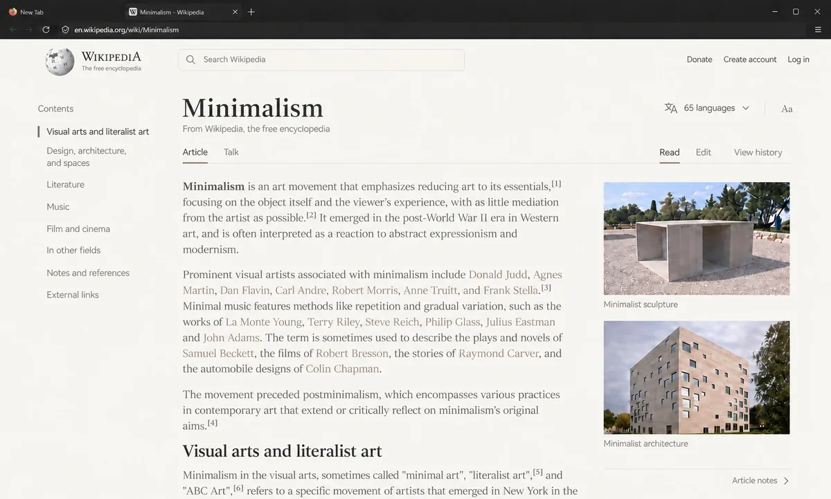 Firefox with the Minimal theme open on a Wikipedia article: tabs and the address bar sit in two slim graphite rows above the page, with no menu bar or extra icons