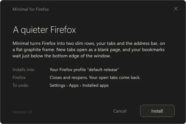 The Minimal installer window, headed 'A quieter Firefox', with an Install button